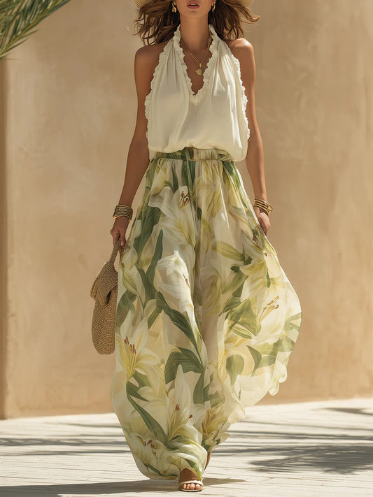 Alessia - Chiffon Sleeveless Top with Ruffles and Lilium Print Trousers
