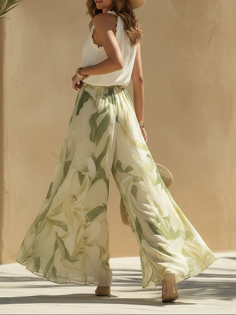 Alessia - Chiffon Sleeveless Top with Ruffles and Lilium Print Trousers