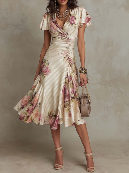 Albina | Elegant Floral Ruched Wrap Midi Dress