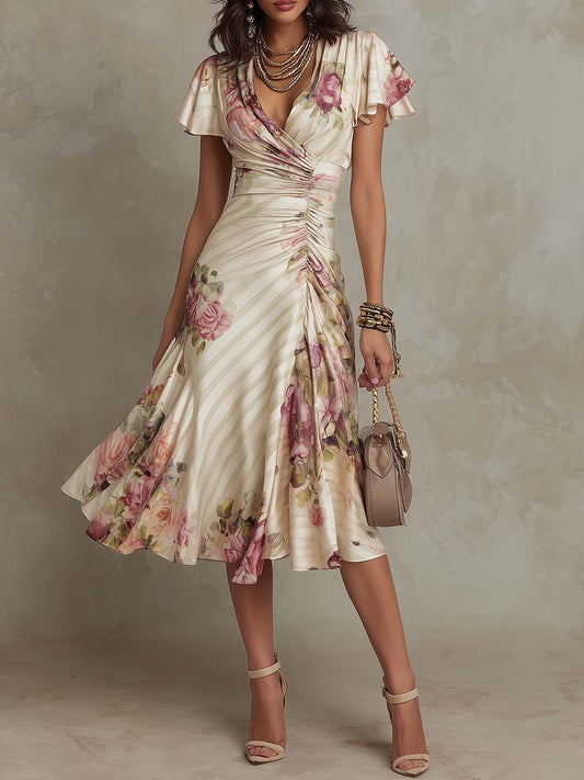 Albina | Elegant Floral Ruched Wrap Midi Dress
