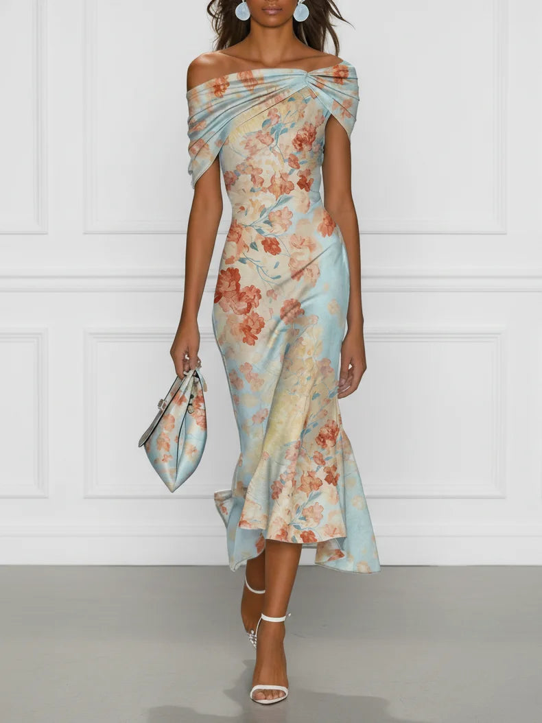 Valentina - Midi Mermaid Dress, Off-Shoulder Blue Floral