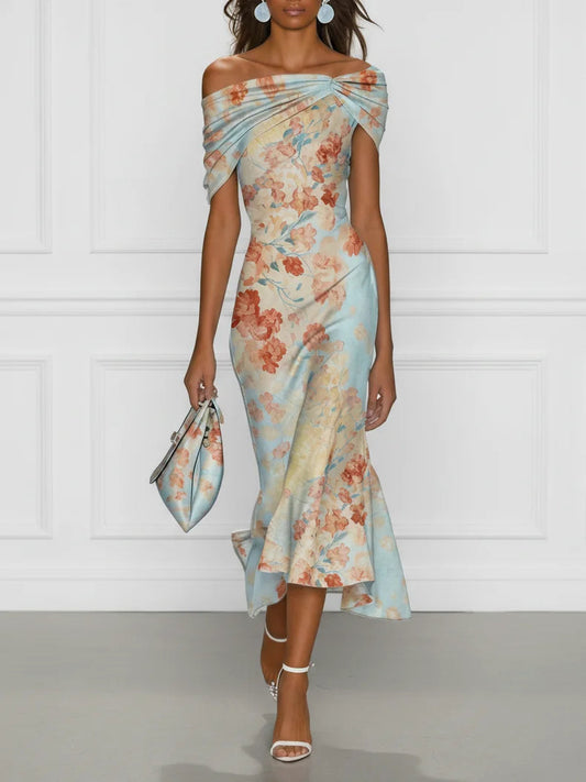 Valentina - Midi Mermaid Dress, Off-Shoulder Blue Floral