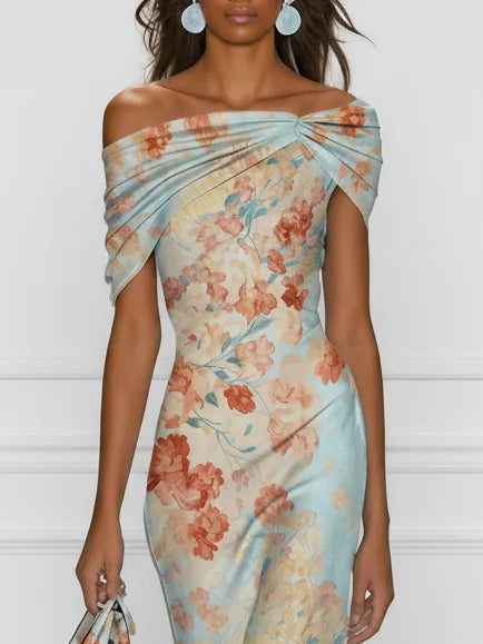 Valentina - Midi Mermaid Dress, Off-Shoulder Blue Floral