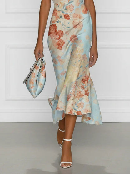 Valentina - Midi Mermaid Dress, Off-Shoulder Blue Floral