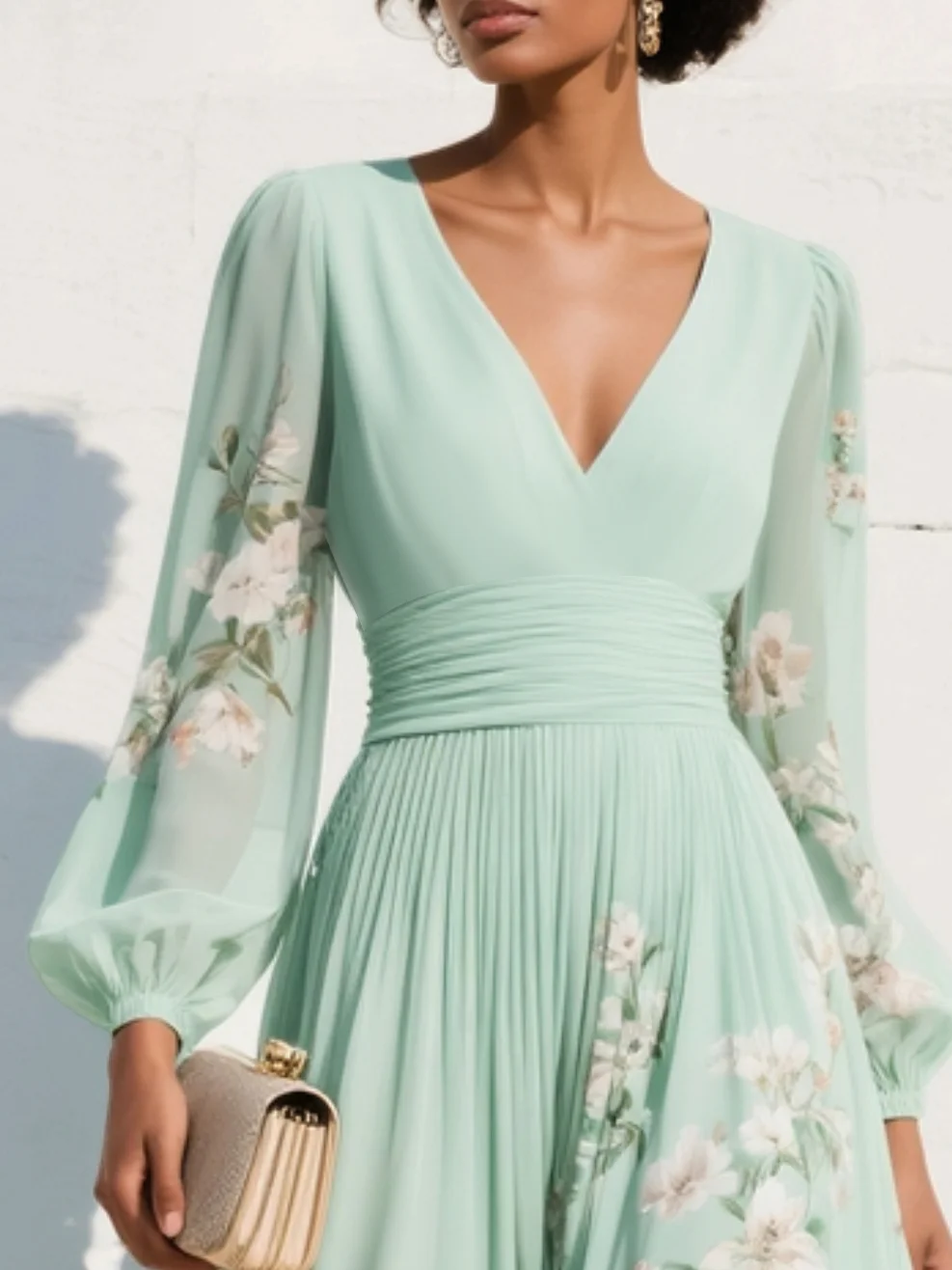 Marisa - Maxi Pleated Chiffon Dress, Mint Green Floral Print