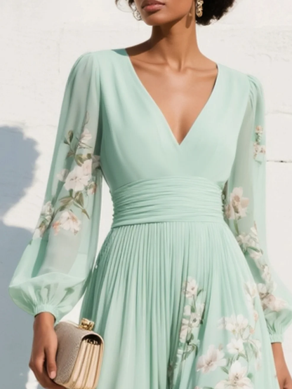 Marisa - Maxi Pleated Chiffon Dress, Mint Green Floral Print