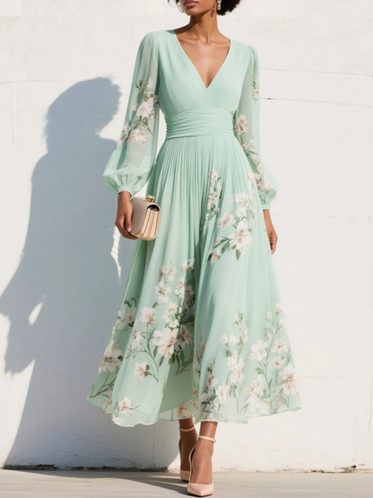 Marisa - Maxi Pleated Chiffon Dress, Mint Green Floral Print