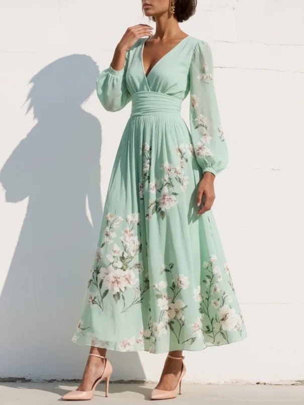 Marisa - Maxi Pleated Chiffon Dress, Mint Green Floral Print