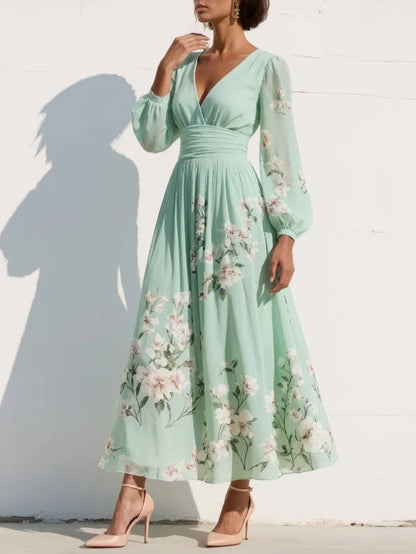 Marisa - Maxi Pleated Chiffon Dress, Mint Green Floral Print