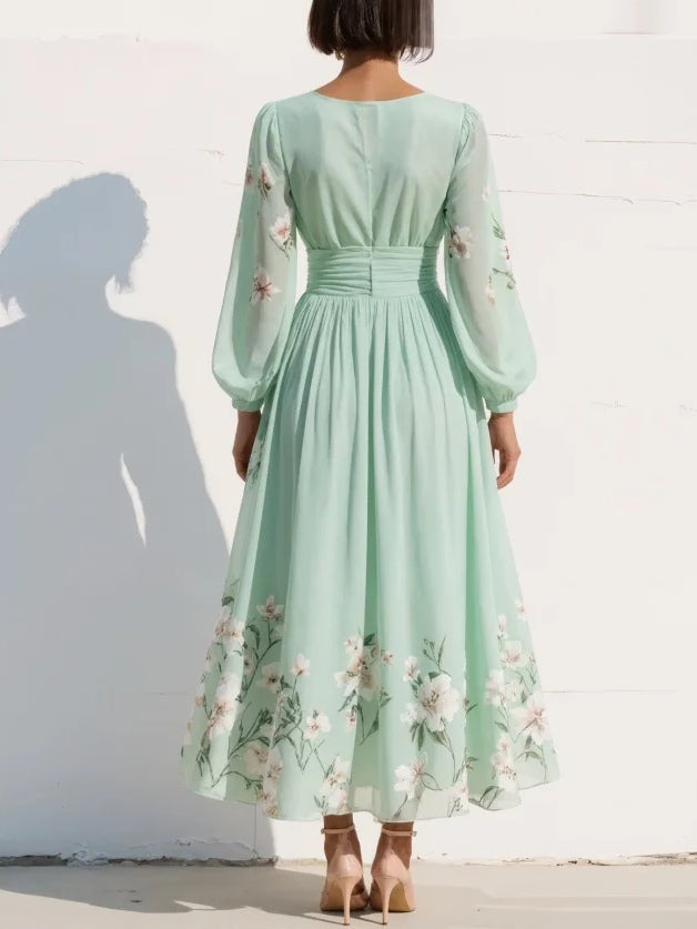 Marisa - Maxi Pleated Chiffon Dress, Mint Green Floral Print