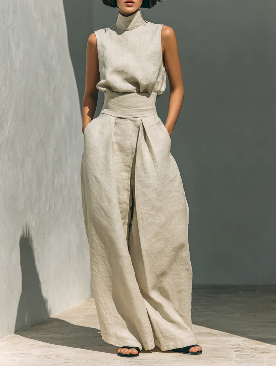 Aurelia | Relaxed Beige Sleeveless Wide-Leg Co-Ord Set