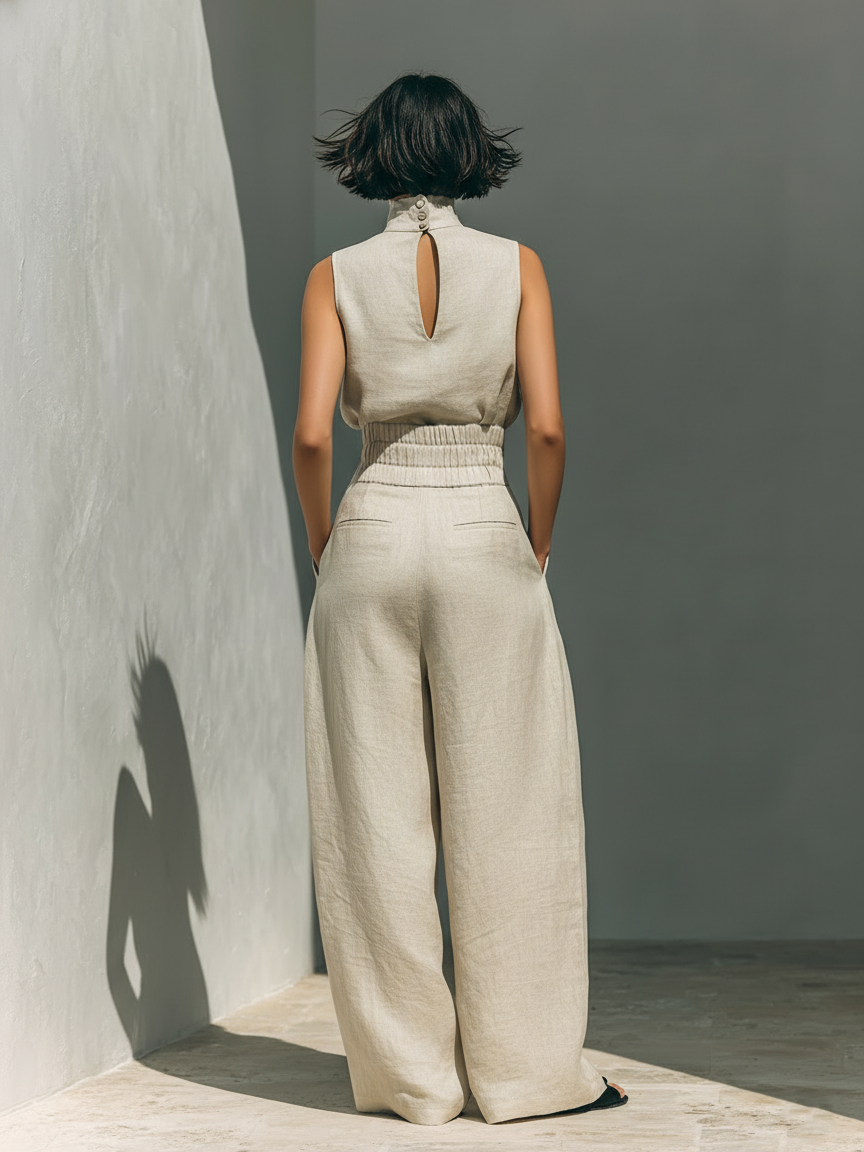 Aurelia | Relaxed Beige Sleeveless Wide-Leg Co-Ord Set