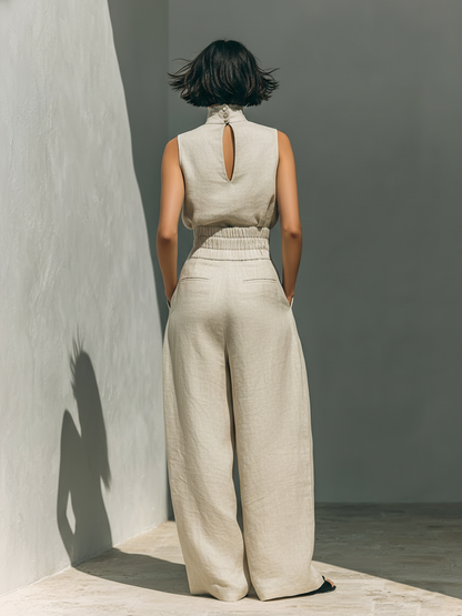 Aurelia | Relaxed Beige Sleeveless Wide-Leg Co-Ord Set