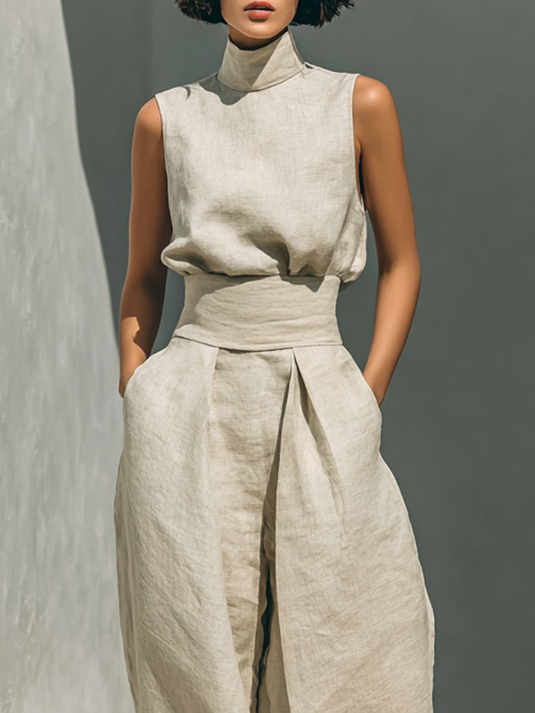 Aurelia | Relaxed Beige Sleeveless Wide-Leg Co-Ord Set