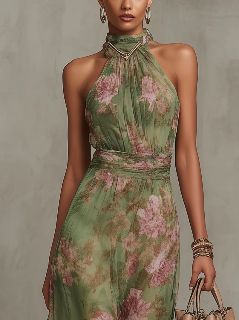Serenity — Elegant Floral Chiffon Halter Maxi Dress