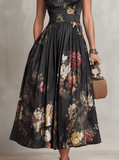 Vionna - Black Midi Dress, Pleated Satin Floral Keyhole