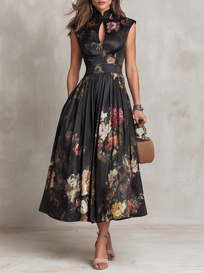 Vionna - Black Midi Dress, Pleated Satin Floral Keyhole
