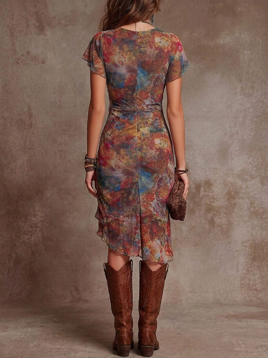 Marisol - Midi Pleated Dress, V-Neck Abstract Art Bohemian