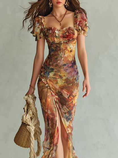 Violet | Long Orange Chiffon Dress, Bohemian Oil Painting Print
