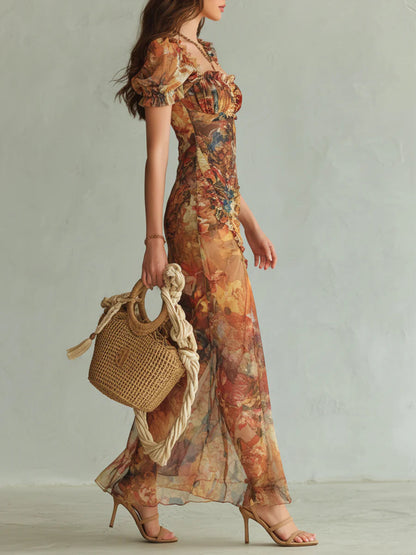 Violet | Long Orange Chiffon Dress, Bohemian Oil Painting Print