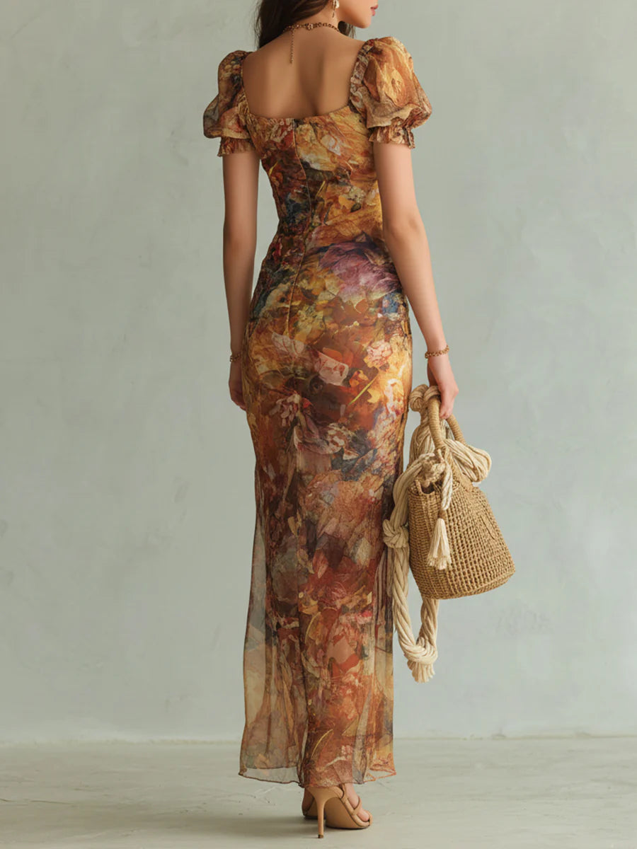 Violet | Long Orange Chiffon Dress, Bohemian Oil Painting Print