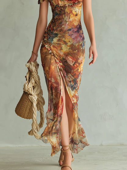 Violet | Long Orange Chiffon Dress, Bohemian Oil Painting Print