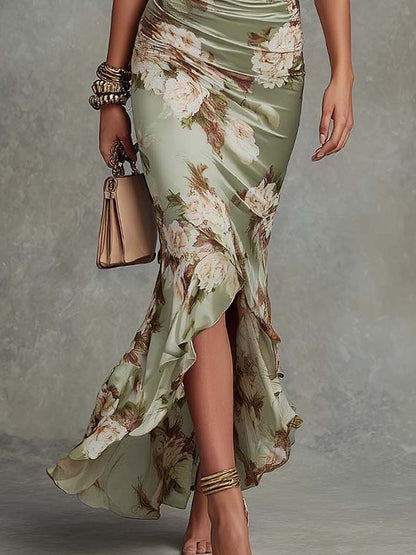 Amara - Asymmetrical Long Dress, Green Satin V-Neck Puff Sleeves Floral