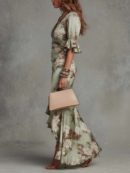 Amara - Asymmetrical Long Dress, Green Satin V-Neck Puff Sleeves Floral