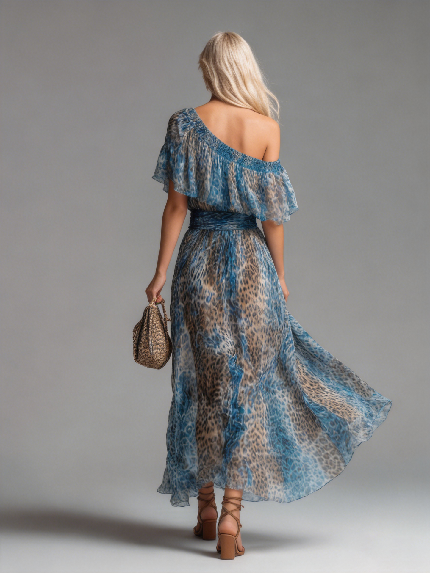 Wilda - Long Chiffon Dress, Leopard Print Bare Shoulders