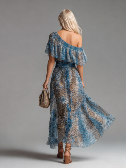 Wilda - Long Chiffon Dress, Leopard Print Bare Shoulders