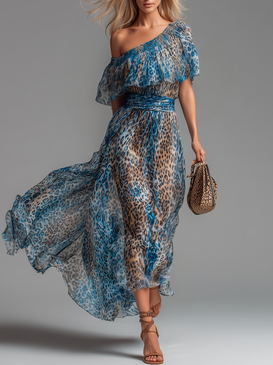 Wilda - Long Chiffon Dress, Leopard Print Bare Shoulders