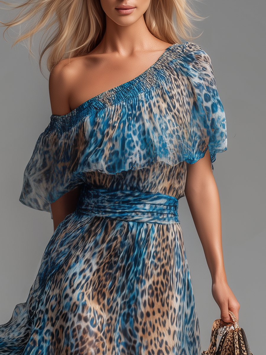 Wilda - Long Chiffon Dress, Leopard Print Bare Shoulders