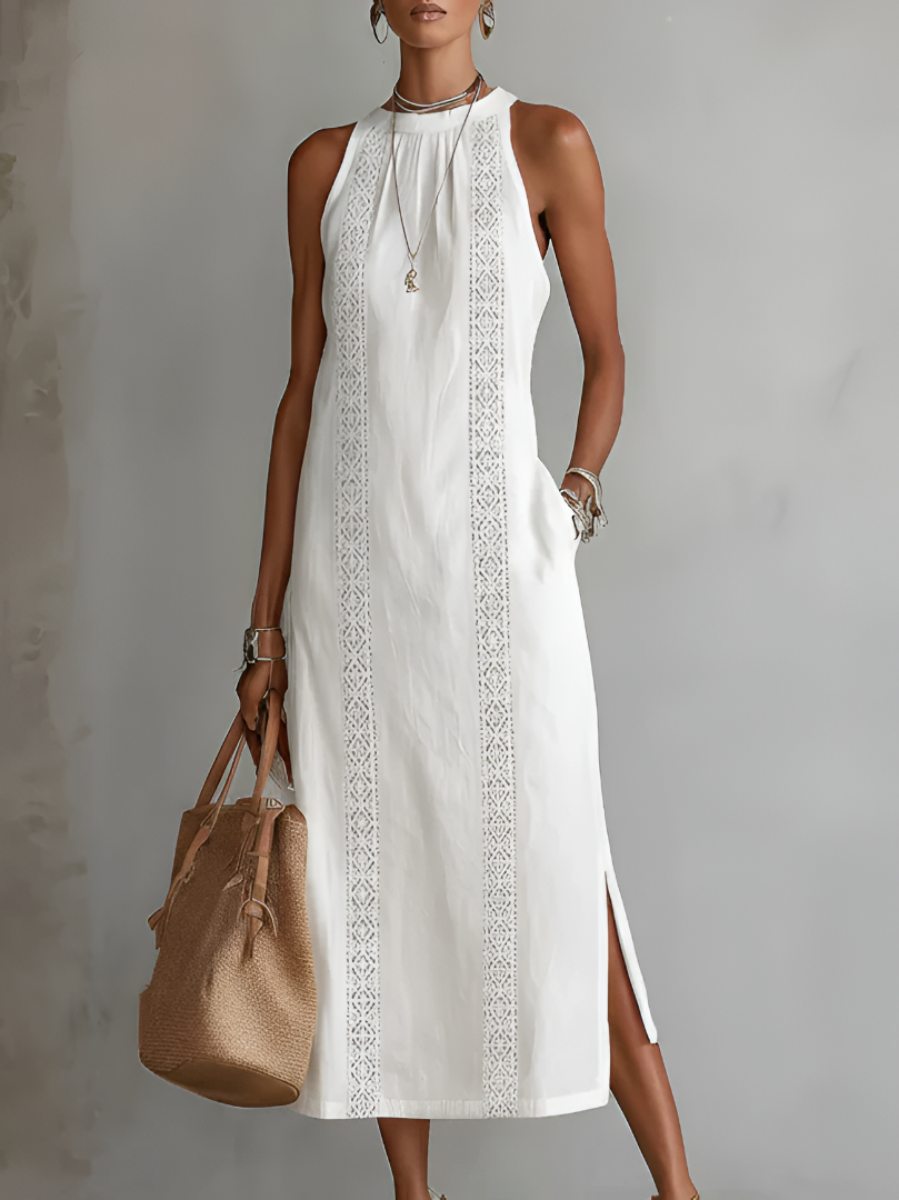Ximena | Relaxed Embroidered Mandarin Collar Midi Dress