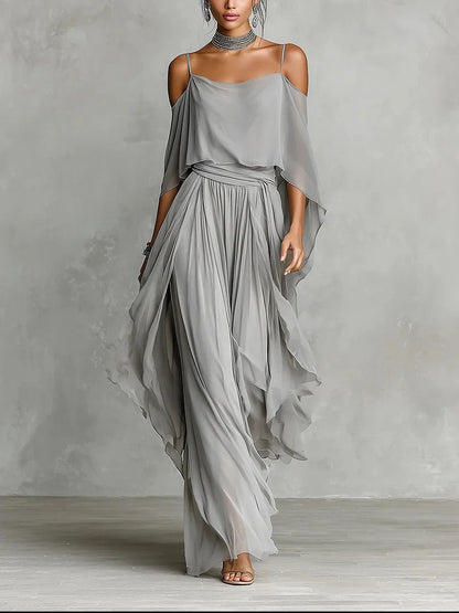 Isadora | Gray Fluid Set, Spaghetti Strap Top Lightweight Pants