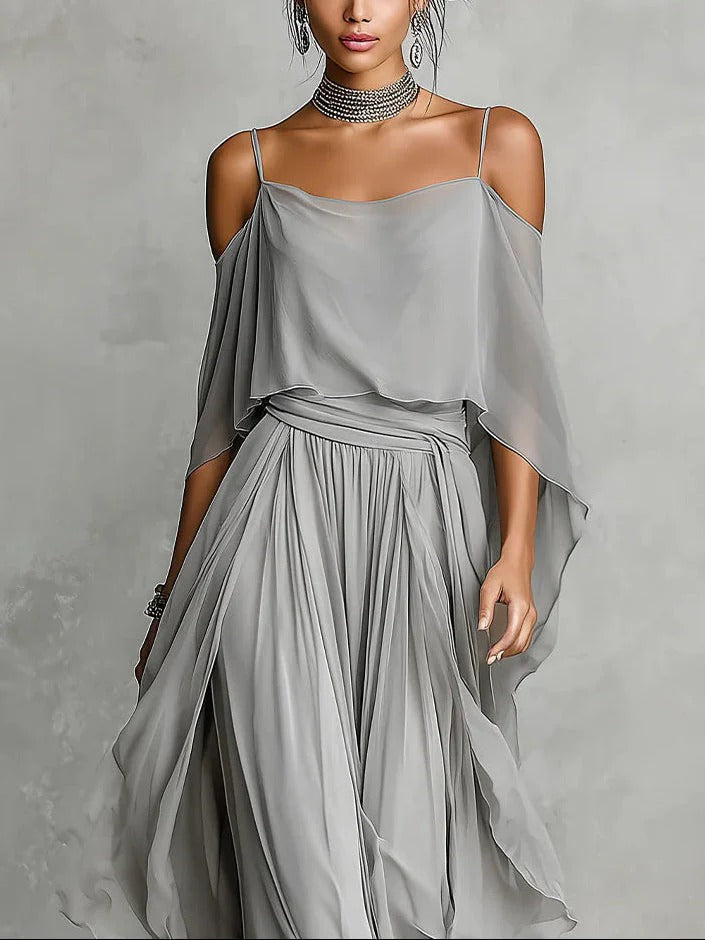 Isadora | Gray Fluid Set, Spaghetti Strap Top Lightweight Pants