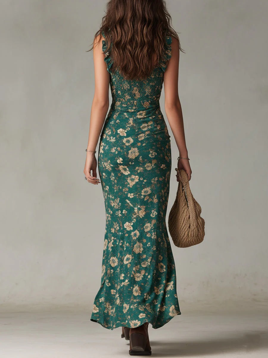 Zaria | Bohemian Floral Ruched Maxi Dress with Side Slit
