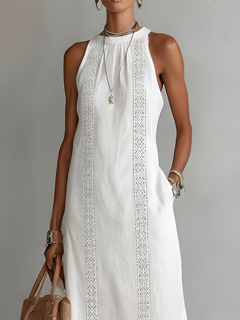 Ximena | Relaxed Embroidered Mandarin Collar Midi Dress