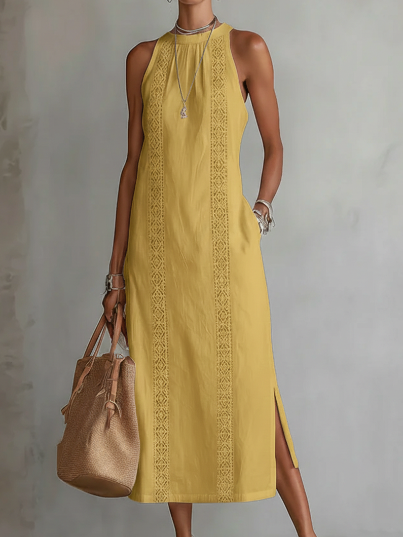 Ximena | Relaxed Embroidered Mandarin Collar Midi Dress