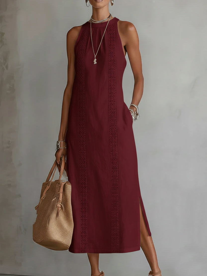 Ximena | Relaxed Embroidered Mandarin Collar Midi Dress