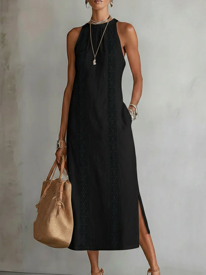 Ximena | Relaxed Embroidered Mandarin Collar Midi Dress